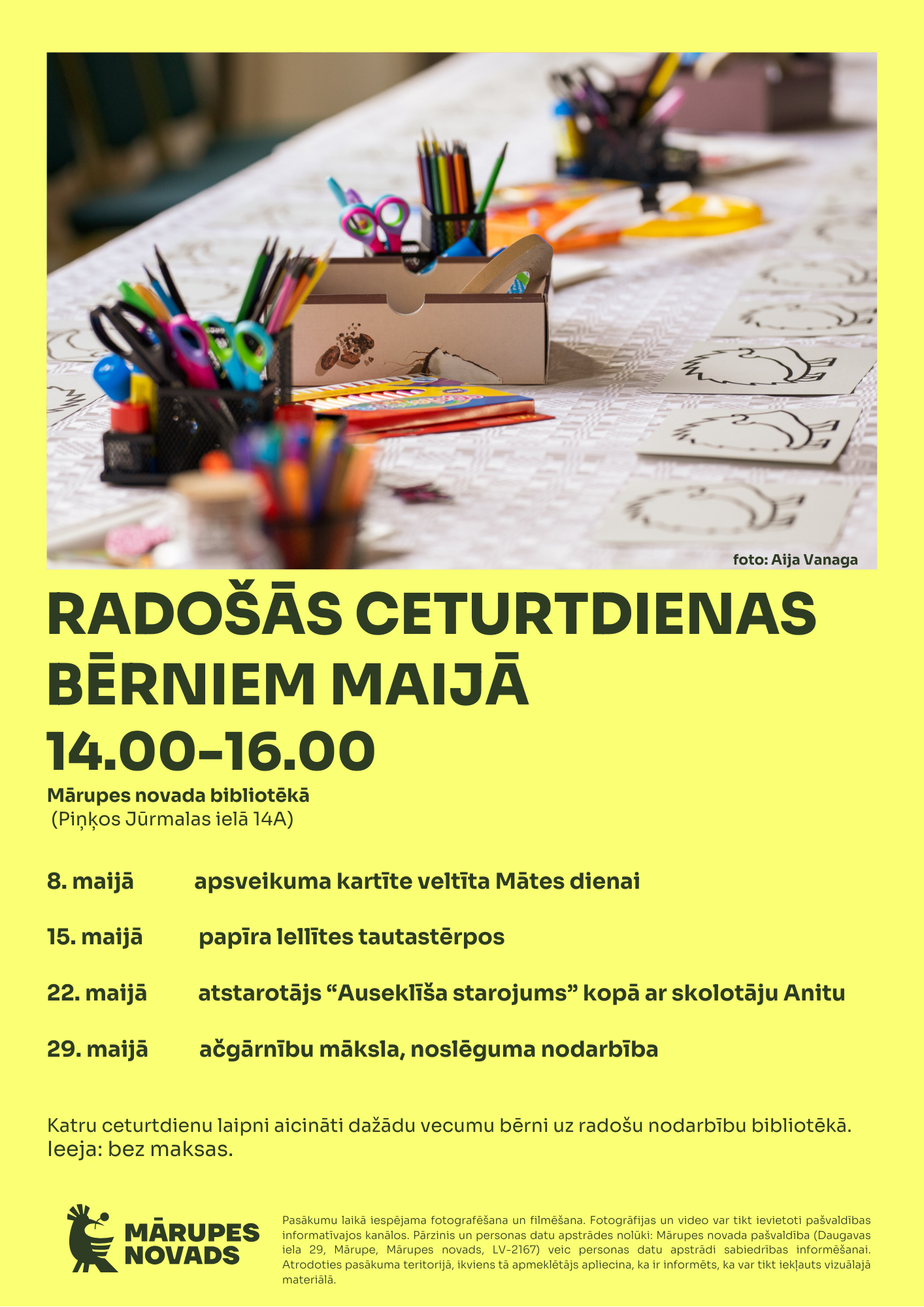 Koši dzeltens fons ar radošo darbnīcu materiālu foto un tekstu par nodarbībām bērniem