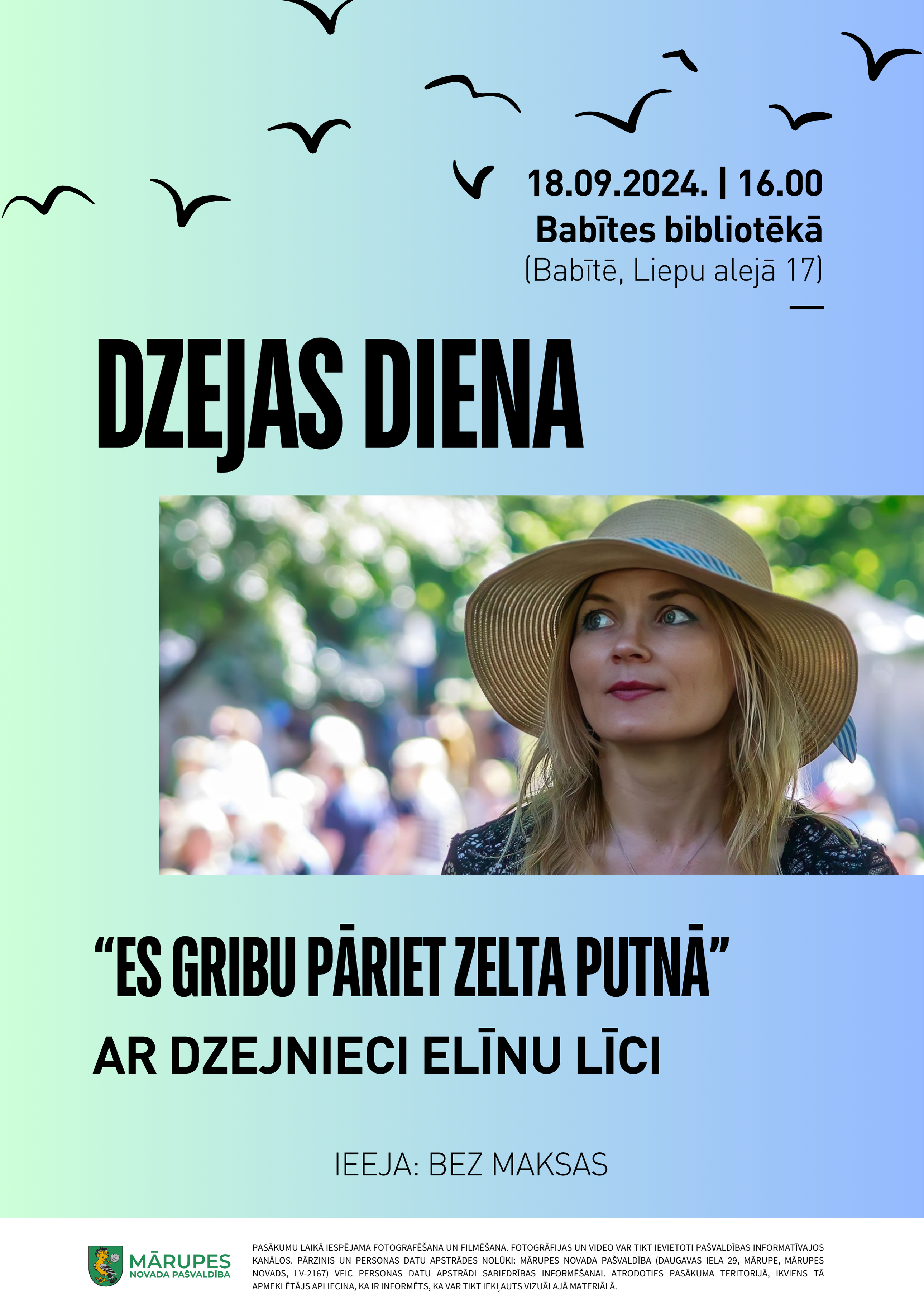 Zilgans fons ar melnu lidojošu putnu grafiku un sievietes portreta foto, virsū teksts par dzejas dienu pasākumu Babītes bibliotēkā