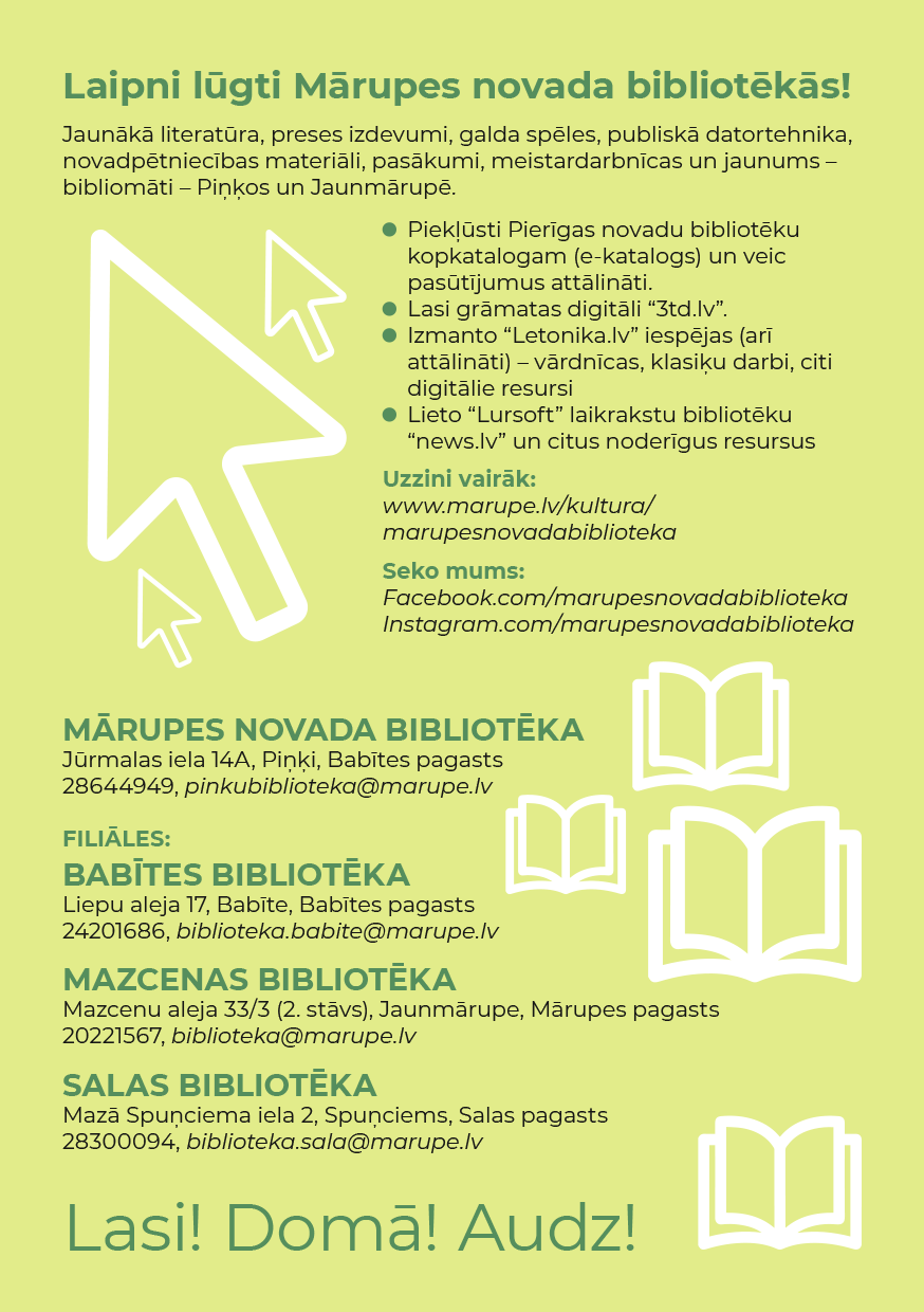 Zaļš fons ar tekstu un grafiku par bibliotēkas pakalpojumiem