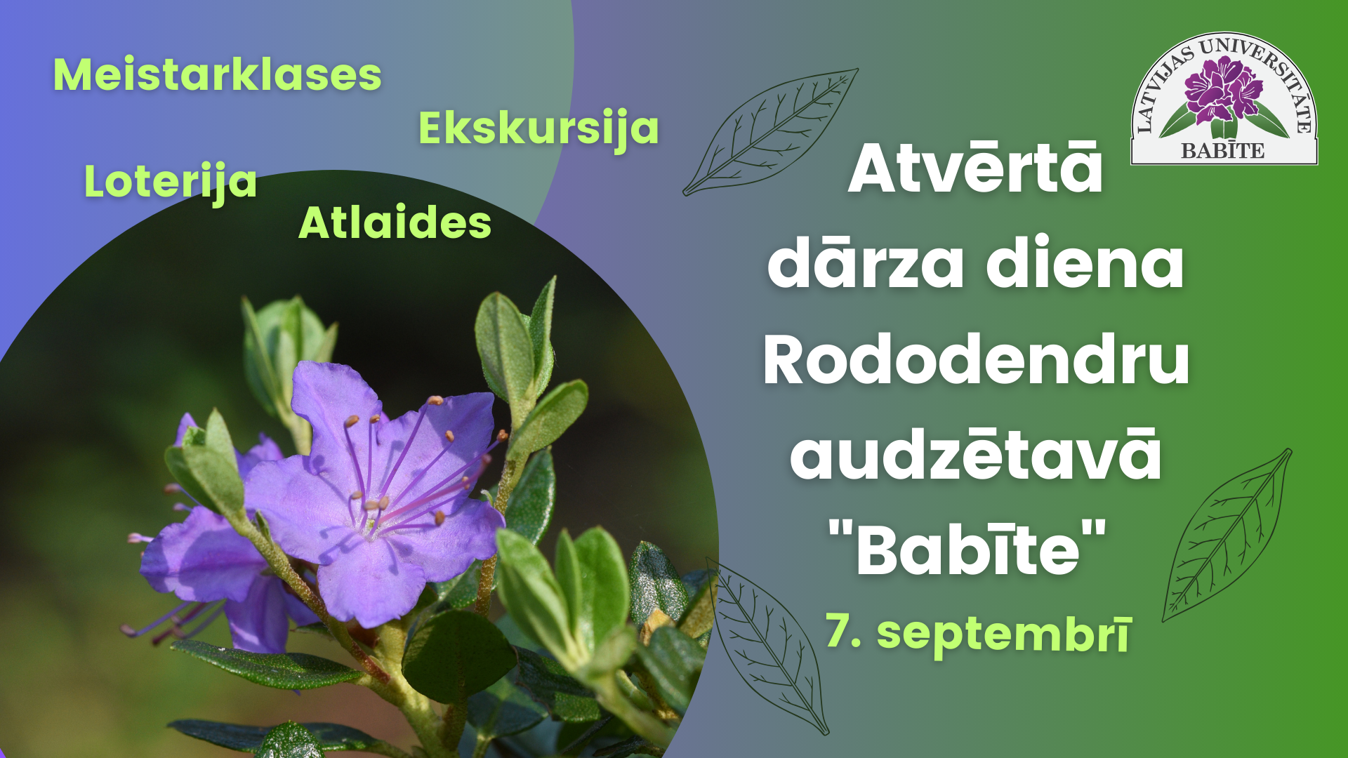 Zaļu toņu plakāts ar ziedu foto un tekstu par pasākumu rododendru audzētavā