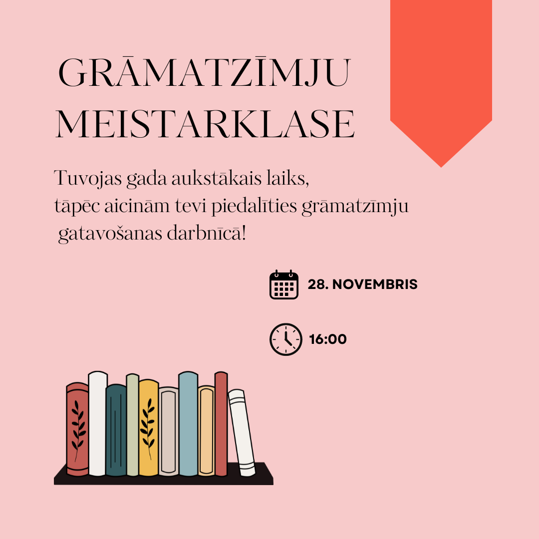 Rozā fona grafika ar krāsainām grāmatām un tekstu par meistarklasi