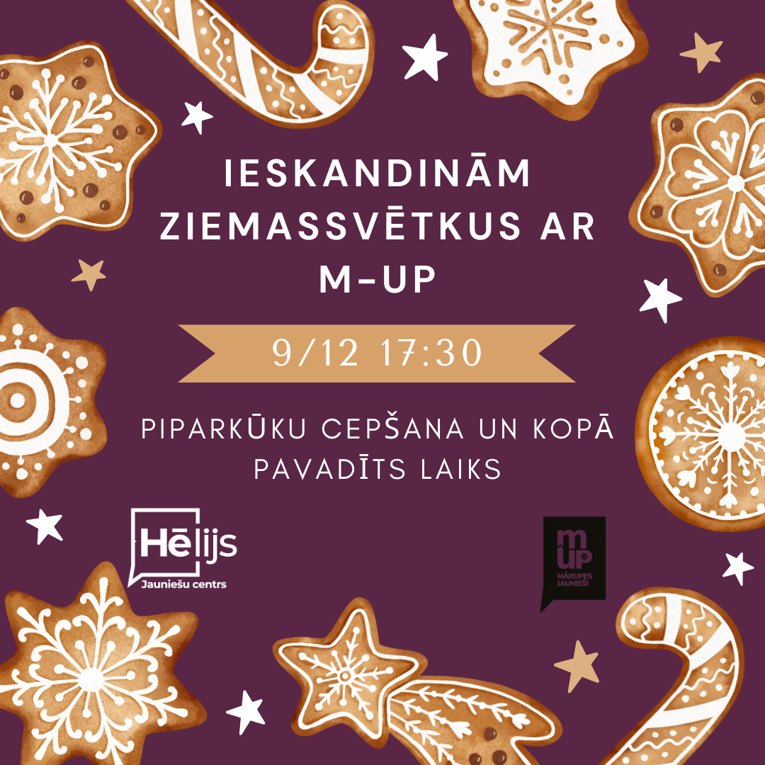 Violets fons ar Ziemassvētku elementu grafiku un tekstu par pasākumu jauniešiem