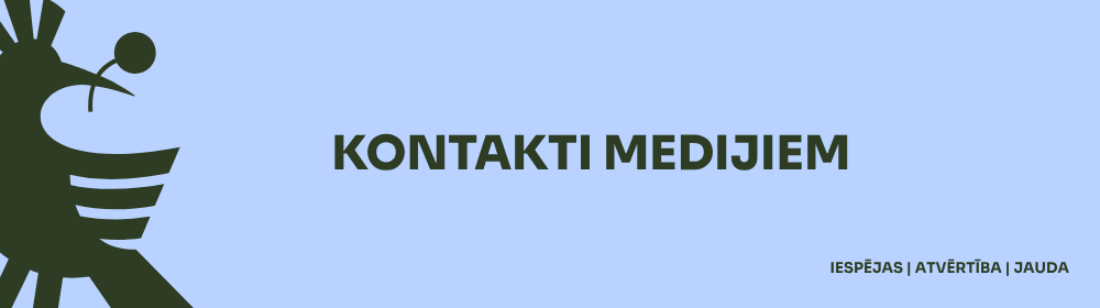 Gaiši zils fons ar tumši zaļu grafiku un tekstu