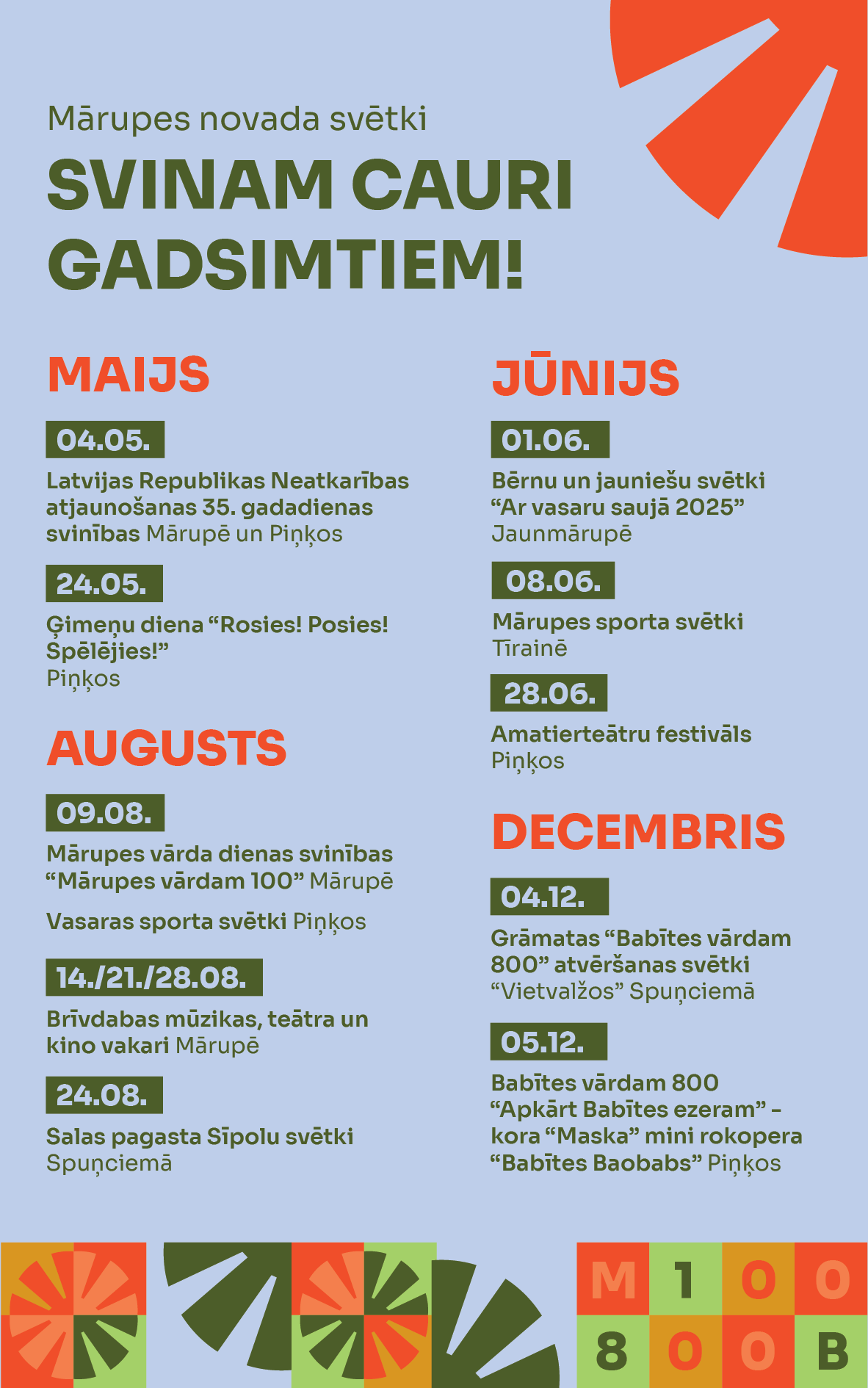 Gaiši zils fons ar krāsainu grafiku un tekstu par pasākumiem