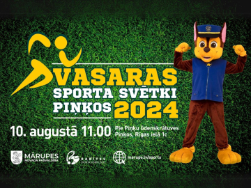 Grafisks plakāts par sporta svētkiem ar zaļu fonu un Ķepu patruļas varoni Čeisu 