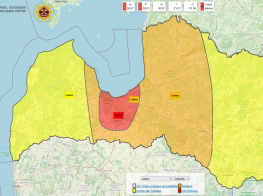 Valsts karte ar iekrāsotām dzeltenām un sarkanām joslām ar laikapstākļu brīdinājumu