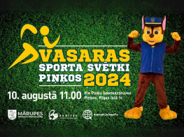 Grafisks plakāts par sporta svētkiem ar zaļu fonu un Ķepu patruļas varoni Čeisu 