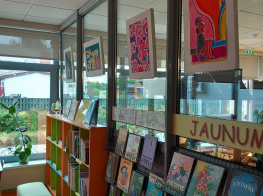 Krāsainas gleznas un grāmatas izstādītas telpā pie stikla sienas