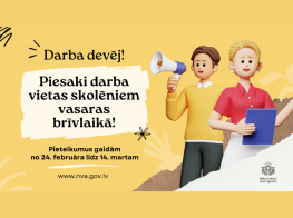 Dzeltens fons ar krāsainu grafiku un tekstu par jauniešu darbu vasarā