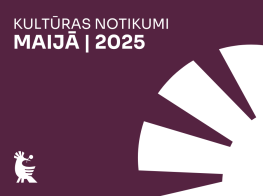 Violets fons ar baltu grafiku un tekstu par pasākumu