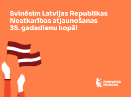 Koši oranžs fons ar latvisku grafiku un baltu tekstu virsū