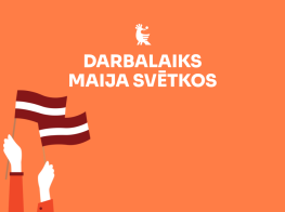 Koši oranžs fons ar karoga grafiku un baltu tekstu